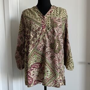 Dressbarn Blouse Womens XL Paisley Boho Green Pink Roll Tab Sleeves